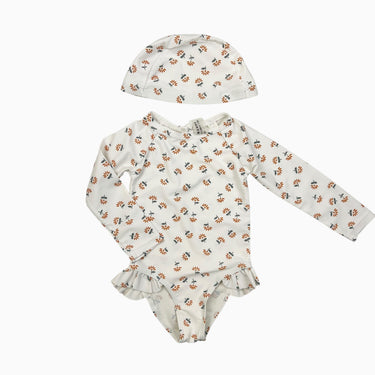 Maillot blanc et bonnet de baignade à fleurs orangées 80 fit 12-18M
