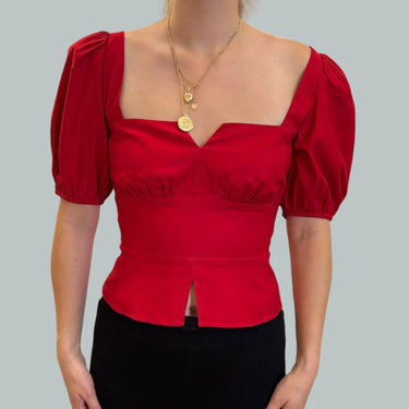 Haut rouge cerise cropped à smock en coton bio pour femmes 4US