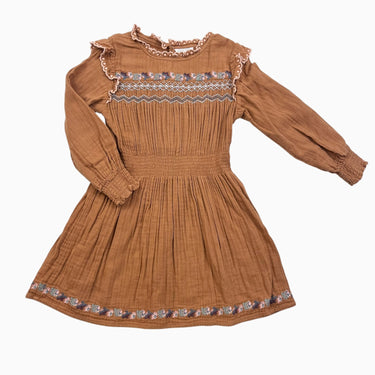 Robe caramel fleuri avec smock en mousseline 5Y
