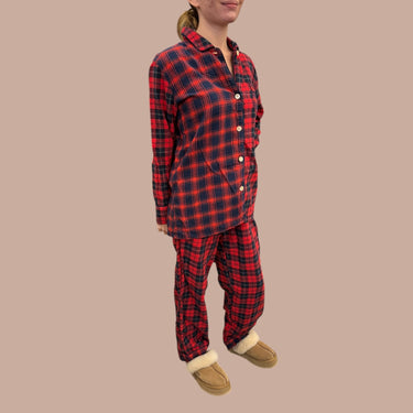 Pyjama rouge carreauté marine en coton pour femmes XS