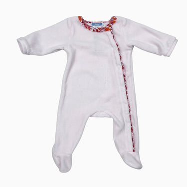 Pyjama en velours rose avec petit col liberty rouge-orange 3M
