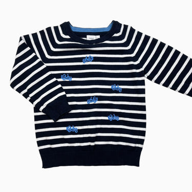 Pull à rayures marine profond 'voitures' brodées 6Y
