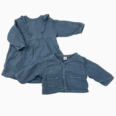 Robe et veste bleue en mousseline de coton doublée 12M