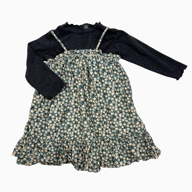 Robe en corduroy verte à fleurs avec chandail charcoal 12-18M