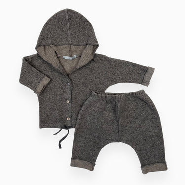 Ensemble veste à capuchon et pantalon taupe chiné en coton, poly et viscose 6M