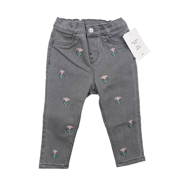 Jeans gris en coton et poly à broderies florales 9-12M