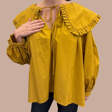 Blouse à col large ocre en coton pour femmes XS