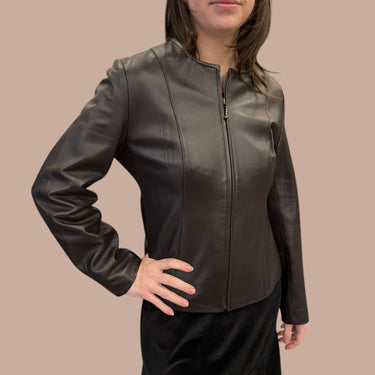 Veste vintage chocolat en cuir doublée en acétate pour femmes M
