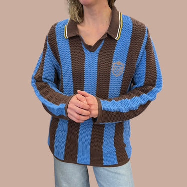 Pull à rayures bleues et chocolat en tricot de coton et acrylique pour femmes M