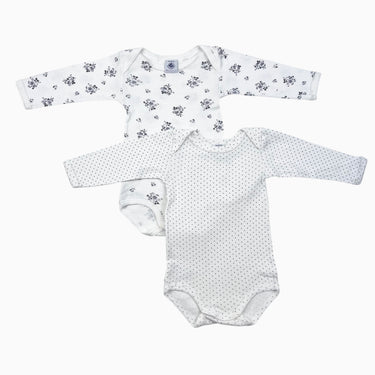 Duo de cache-couche blanc fleuri gris et à pois 6M