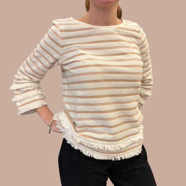 Haut rayé rose pâle et crème en coton avec franges pour femmes M