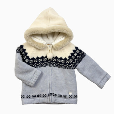 Veste bleu ciel et crème à capuchon en tricot doublée en peluche 100 (Fit 2-3Y)