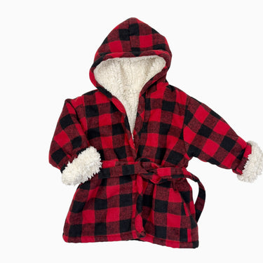 Peignoir carreauté rouge réversible en sherpa 18-24M