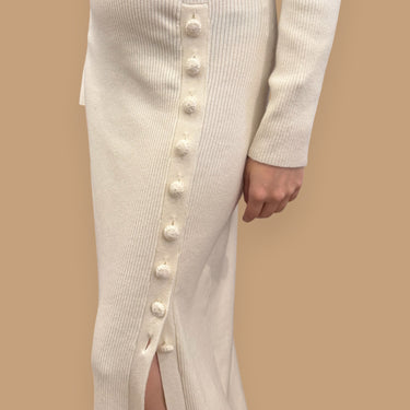Robe maxi à col montant blanche côtelée en laine mérino, coton et poly pour femmes XS