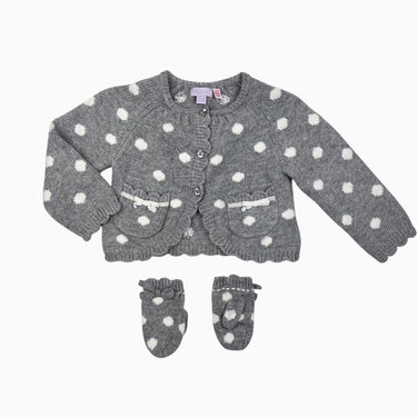 Cardigan avec mitaines grises à pois en tricot de laines mélangées 12-18M