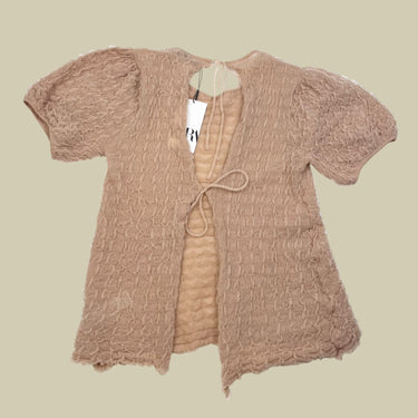 Blouse rose-ballet en poly avec fil doré scintillant pour femmes S