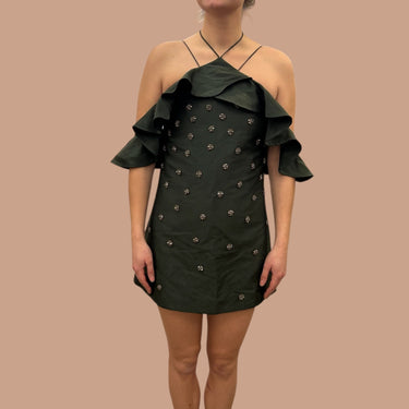 Robe mini olive avec perles poly,coton etnylon pour femmes S