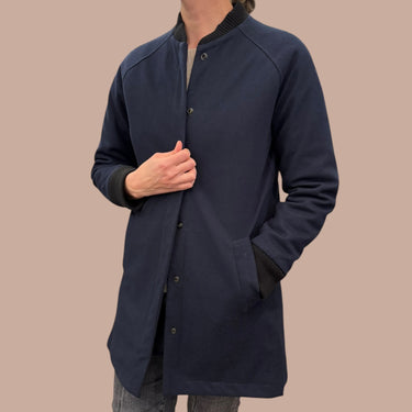 Manteau marine midi en laine et poly pour femmes S