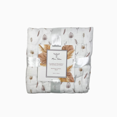 Couverture 'couette' blanche 'fleurs' en mousseline de bambou et coton 120x120CM