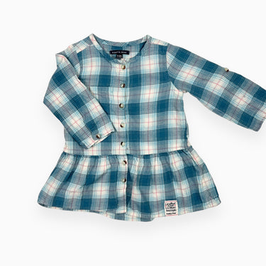 Robe en flanelle de coton à carreaux turquoise, aqua et rose 9-12M