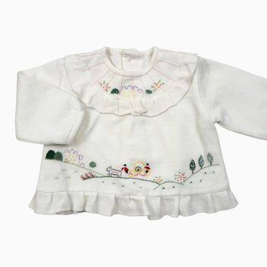 Pull blanc vintage 'village brodé' 6-12M