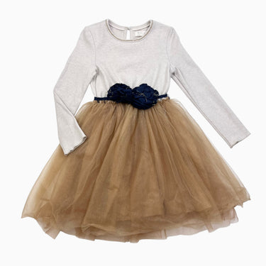Robe avoine avec volant en tulle dorée avec ceinture marine 6-7Y