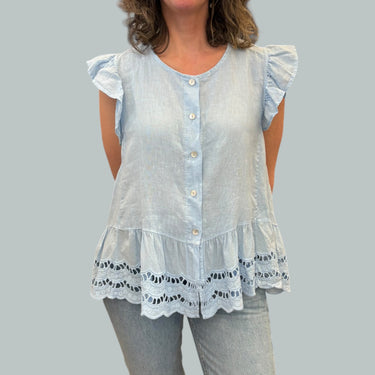 Blouse bleu en lin avec oeillet pour femmes M-L