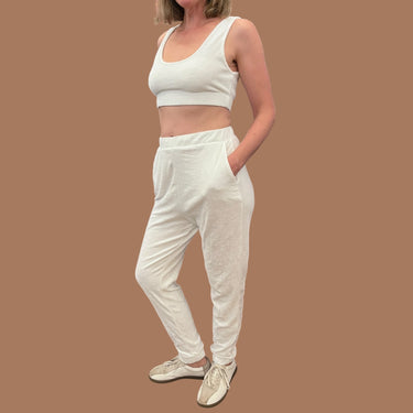 Ensemble camisole cropped et pantalon blanc en ratine de coton pour femmes L