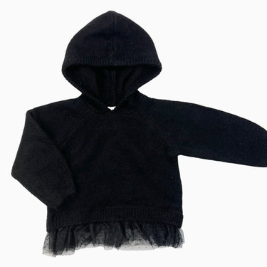 Pull noir à capuchon en tricot poly et acrylique avec ourlet en tulle point d'esprit 12-18M