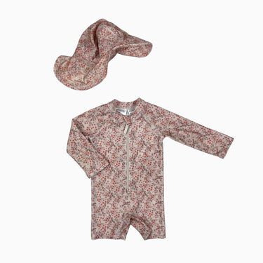 Maillot pêche avec chapeau de baignade vanille fleuri 2-6M
