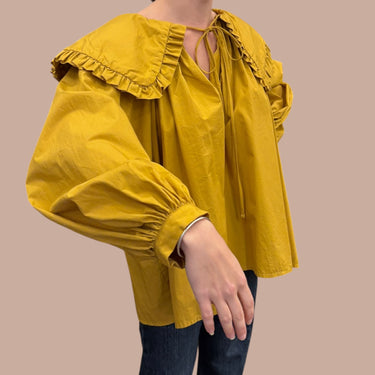 Blouse à col large ocre en coton pour femmes XS