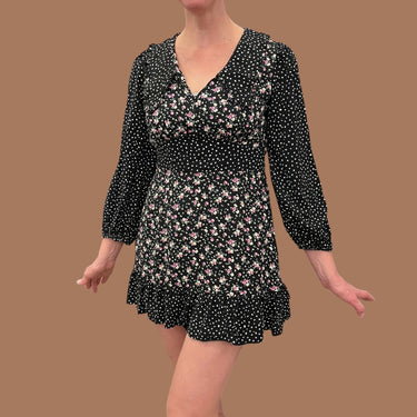 Robe noire à pois et fleurie en viscose pour femmes M