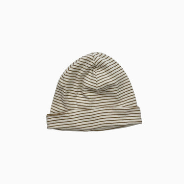 Bonnet crème de naissance en coton bio ligné ocre 0-1M
