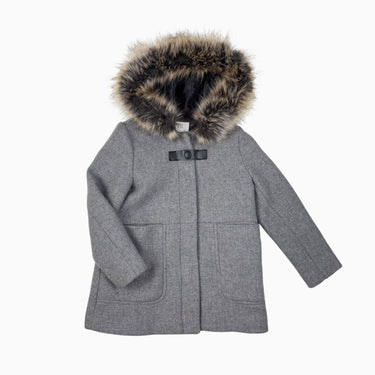 Manteau gris en lainage à capuchon avec fausse-fourrue 8Y