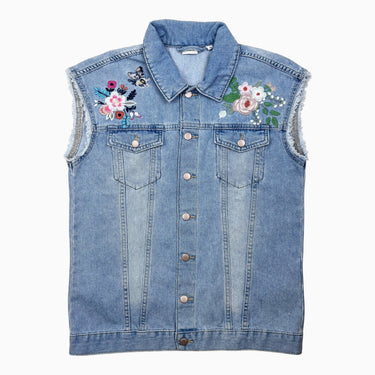 Veste sans manche en denim avec fleurs brodées 14Y