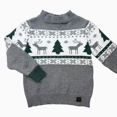 Pull gris et vert en tricot de coton 'sapin' 2-3Y