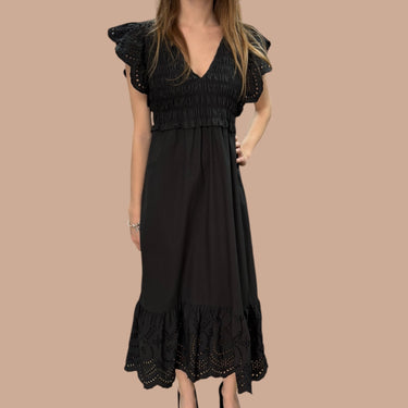Robe noire midi avec smock et oeillets pour femmes XS