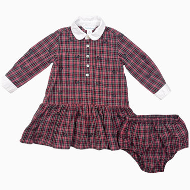 Robe et bloomer carreauté rouge et verte avec chiens brodés 12M