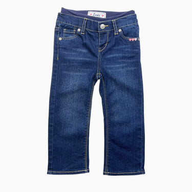 Jeans foncé avec taille élastique et coeurs brodés 24M