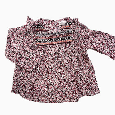 Blouse fleuri bordeau avec broderies 'smock' 9-12M