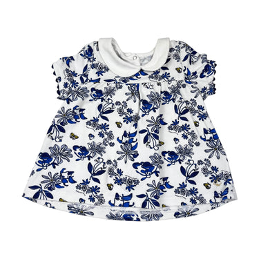 Haut basque à col claudine avec imprimé floral bleu en coton piqué 18M
