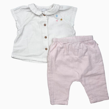 Ensemble blouse et pantalon en mousseline rose et blanc 6M