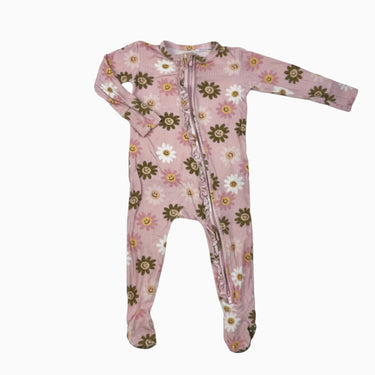 Pyjama rose 'fleurs smiley' avec froufrou en bambou et spandex 12-18M