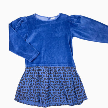 Robe bleue avec volant à imprimé léopard en velours et coton 10Y