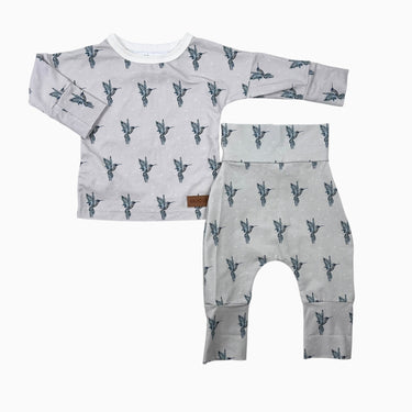 Ensemble gris 'oiseaux' en coton et lycra 0-12M