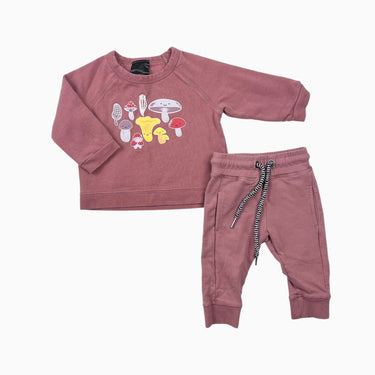Ensemble 'champignons' vieux-rose en bambou, coton et spandex 6-12M