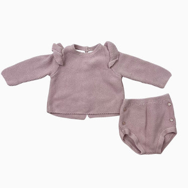 Ensemble pull et bloomer rose en tricot de coton 1-3M
