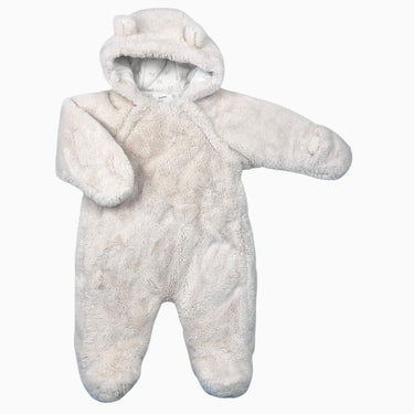 Combi mi-saison en peluche crème 'chunky' avec capuchon à oreille doublé en coton 12M