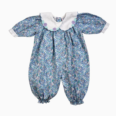 Combi 'bubble' vintage en coton et poly avec col brodé et imprimé floral bleu, aqua et lilas 6M