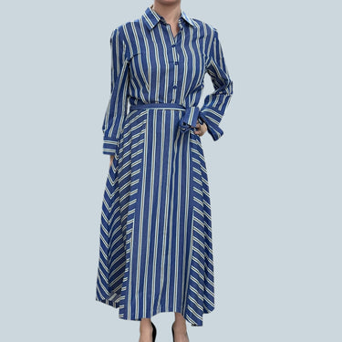 Robe bleue ceinturée à rayures aqua et grises en popeline de coton et lin d'Italie pour femmes XS